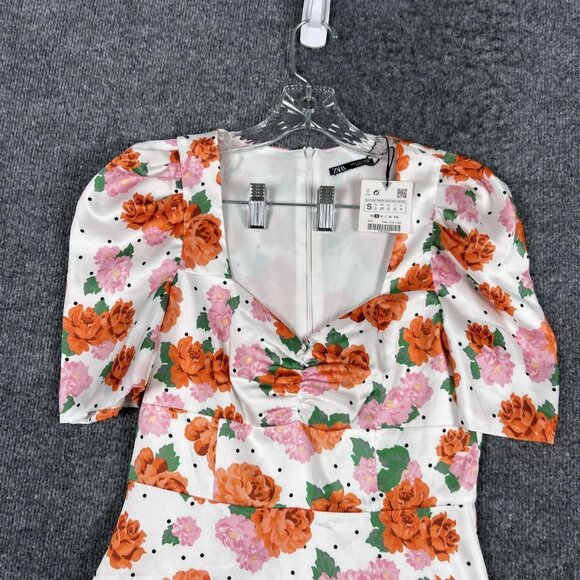 Zara Dress Womens Small White Floral Puff Sleeve Fit Flare Spring NEW NWT - Picture 5 of 12